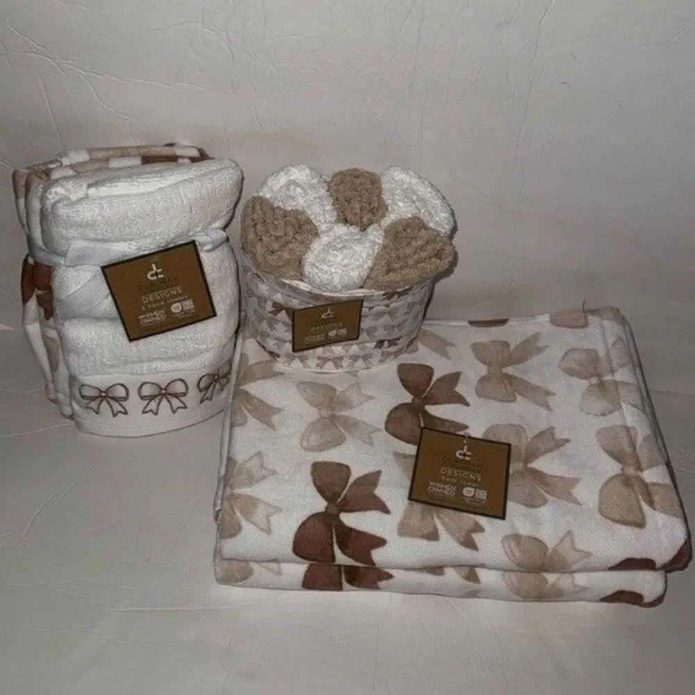 NWT Deborah Connolly 12 Piece Velour Cotton Bath Towel Set White Brown Tan Bows